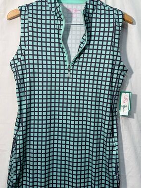 Lillie Green Womens S Golf Dress NWT Sleeveless 1/4 Zip Aqua Navy Geometric